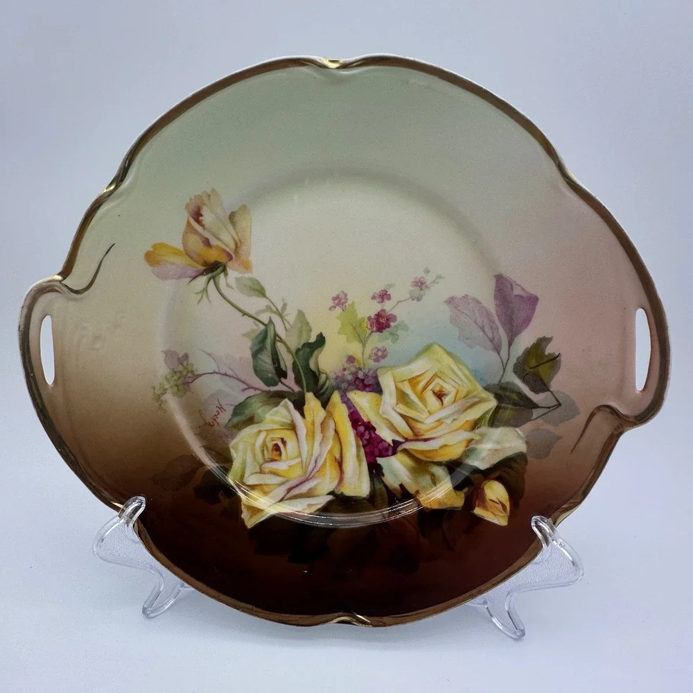 J&C Louise Bavaria Antique Porcelain Cake Plate Yellow Roses Gold Gilt Signed